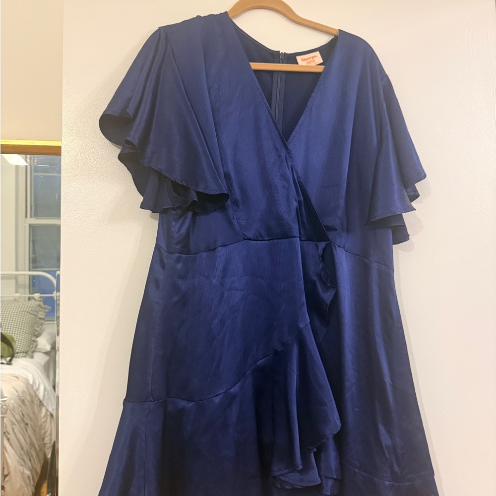 Showpo Navy Satin Ruffle Wrap Dress Flutter Sleeve Wedding Guest - Picture 3 of 3